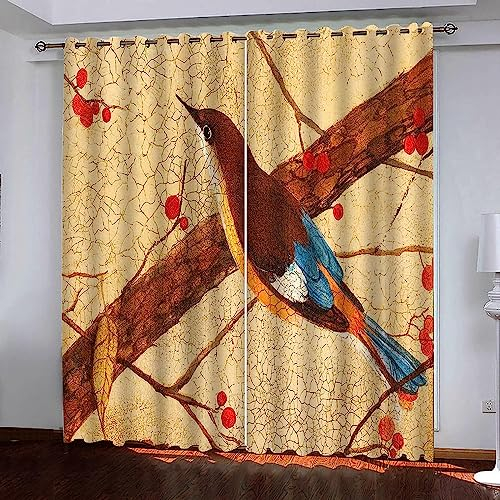 3D Vorhang Blickdicht Zweig Brauner Vogel 100% Polyesterfaser Wohnkultur Personalisierter Druck Kinder Vorhang Schlafzimmer 280 B X 300 H cm - Wohnzimmer Büro Kinderzimmer Fenster Dekor-9T5A2H1R