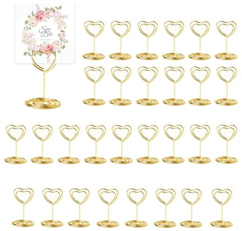 JRYGAC 30 piezas de oro nombre de mesa, portafotos de pinza, portafotos de pie, portatarjetas, portanúmeros para bodas, Navidad, banquetes festivos de San Valentín (en forma de