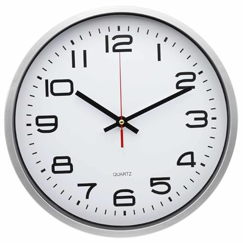 TECHZOCO Reloj de Pared, Apto para Oficina, Cocina, Dormitorio, Movimiento Cuarzo silencioso, Reloj Decorativo, Marco Plateado Esfera Blanca, 25 cm de diámetro