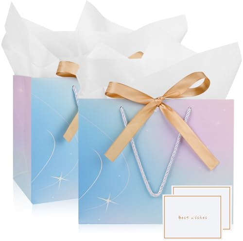 Mifferer Geschenktüten aus Papier mit 2 Taschentüchern und 2 Karten, Geschenktüten mit Griffen für Frauen, Mädchen, Brautjungfern, Geburtstage, Valentinstag und Hochzeitsfeiern, 2 Stück