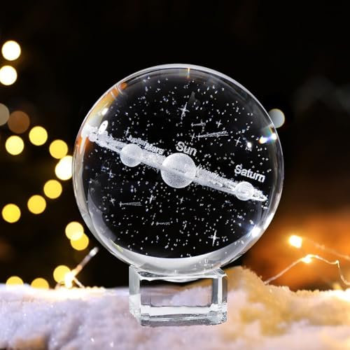 3D Solar System Crystal Ball, 60mm Planet Solar System Model, Collectible Space Glass Ornaments, Glass Sphere with Base, Home Decorative Crystal Ornament Astronomy with Gifts Box for Women Kids Boy