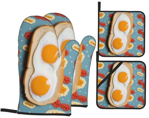 Mitaines De Four Motif D'Œuf De Hot-Dog Imprimé Antidérapant Gauntlet Professionnel Maniques Cuisine pour Barbecue Grillade Femmes,4 Pièces