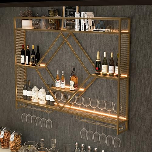 Weinregal mit LED-Beleuchtung, Wandmontage, Metall, Weinglashalter & Likörflaschen-Ausstellungsregal, modern, schwebende Wandregale in Schwarz/Gold für Bar, Küche und Wohnzimmer
