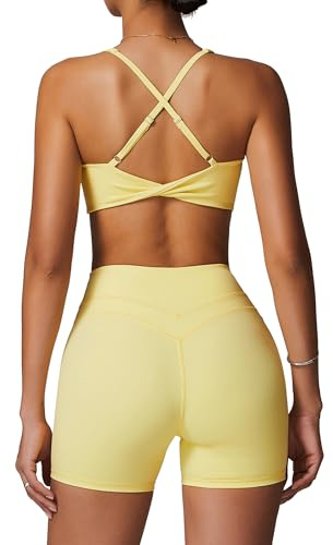 IDOPIP Sport Set Damen für Fitness: Gym Set 2 teilig mit V-Ausschnitt Twist zurück BH und Leggings kurz - Sommer Sportkleidung für Yoga, Pilates und Workout gelb S