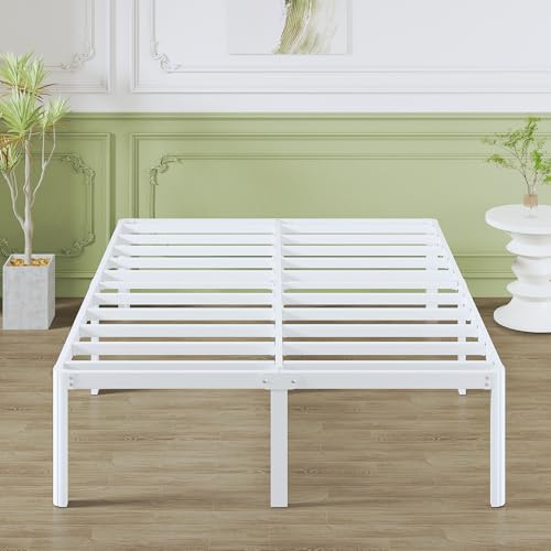 Lutown-Teen Metallbett 140x200 cm mit Runden Eckbeinen, Höhe 41cm Bett mit Lattenrost, Bettrahmen aus Metall doppelbett mit Stauraum unter dem Bett, Geräuschfrei, Einfacher Aufbau, Weiß