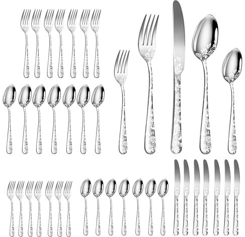 40PCS Stainless Steel Cutlery Set Mirror Polished with Elegant Flower Design for Dining Parties Weddings Includes 8 Forks Spoons Tea Spoons