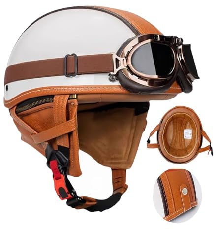 Casco Moto Retrò,casco moto uomo,Caschi per Scooter Anni '60 - Modello 3/4 in Vera Pelle con Visiera, Certificato DOT/ECE - Stile Retrò Chiuso/Aperto - Unisex Uomo e Donna
