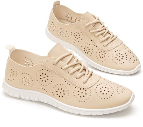 GLAMORA Zapatos Mujer Cordones Calados Transpirables Cómodos Ligeros Suela Flexible Antideslizante Plantilla Blanda Punta Fina Calzado Verano Ajuste Cómodo beige-37