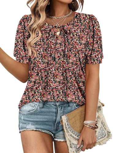 KISSMODA Womens Crew Neck Puff Sleeve Blouses Pleated Shirts Solid Color Tops with Tie Bow
