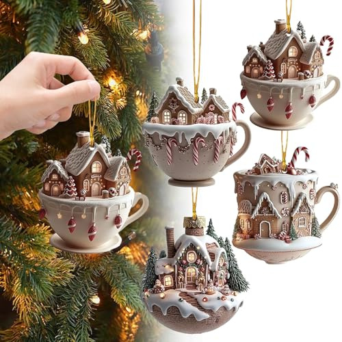 House Coffee Cup Pendant, Festive Christmas Style Coffee Cup Pendants for Family Party, Small House Pendant for Women Decorative Green Plant
