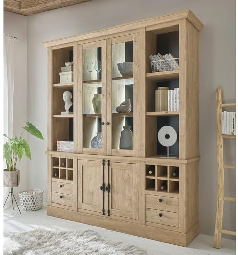 Lomadox Esszimmer Buffetschrank Vitrinenschrank 193 cm breit mit Beleuchtung, Eiche mit schwarz, mit 2 Glastüren, 2 Holztüren, 6 offenen Fächern, 4 Schubladen und 12 Flaschenfächern, Landhausstil