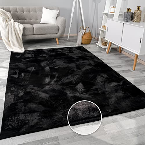 Paco Home Teppich Wohnzimmer Schlafzimmer Kunstfell Shaggy Hochflor Flauschig Soft Einfarbig Schwarz, Grösse:300x400 cm