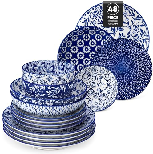 vancasso Selene Plates and Bowls Set, 48 Pieces Vintage Blue Porcelain Dinner Sets for 12 People, Scratch Resistant Dinnerware Sets Crockery Set, Mircowave Dishwasher Safe Dishes Set