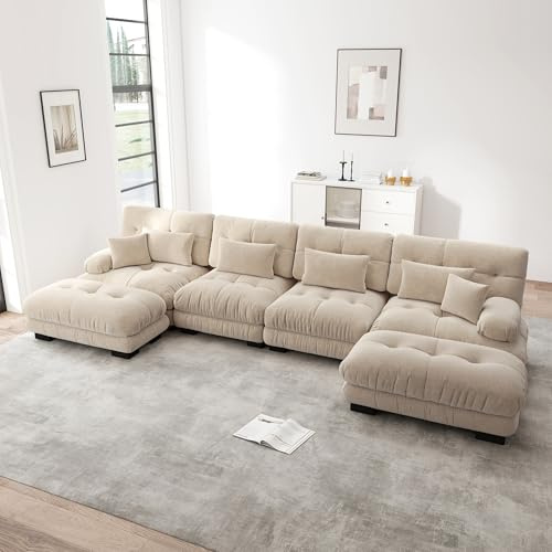 Dolamaní U-förmiges Ecksofa, Couch Sofa Chenille Stoff für Wohnzimmer,Wohnung,Büro,Einfache Montage (Hellbraun, M-(4 Sitzer +2 Hocker))