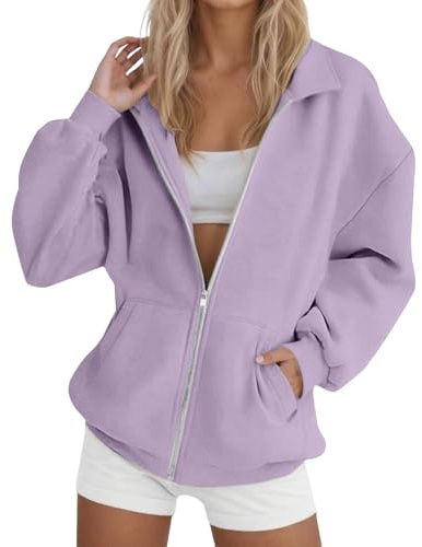 Generisch Felpa casual e alla moda senza cappuccio con cerniera da donna in tinta unita, Lilla, XL