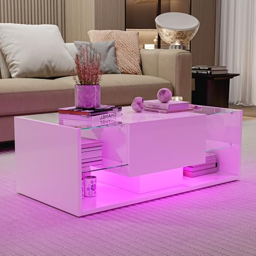 LIVLUX Table Basse Moderne 100x50x35 cm, Table Basse Blanc laqué avec LED, dotée d'un Espace de Rangement Ouvert et 2 tiroirs, idéale pour Le Salon, Le Bureau, la Chambre. (Blanc, 100 X 50 X 35 cm)
