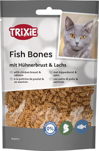 TRIXIE Katzensnack Fish Bones mit Hühnerbrust und Lachs – 50 g | Schmackhafter Snack für jeden Tag – ideal für zwischendurch, mit Hühnerbrust und Lachs in knuspriger Form