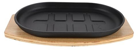 LALADEFIEE Sartén de Hierro Fundido para Bistec 275X175X25 CM con Base de Madera Sartén Precurada Resistente para Estufa Horno y Barbacoa Plato Chisporroteante Adecuado para Cocina