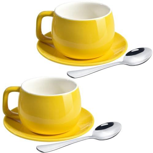 ionEgg Porcelain Coffee Cup with Saucer and Spoons 270ml/9.1 Ounce for Latte, Cappuccino and Tea, Yellow, Set of 2