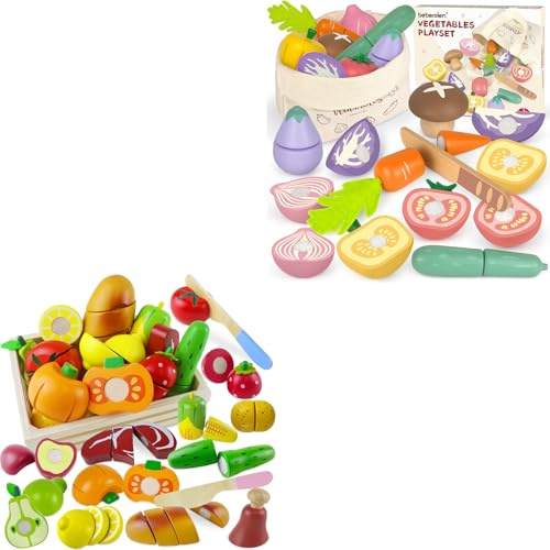 Beberolen Kinderküche Spielküche Zubehör aus Holz, Schneiden Obst Gemüse Lebensmittel Holz mit Klett-Verbindung, Holzspielzeug Küche Lernspielzeug Rollenspiele Pädagogisches Geschenk für Kinder