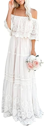 HOYISHION Boho Lace Wedding Maxi Dress Formal Evening Party Long | Stunning lace maxi dress,perfect for wedding,engagement or an elegant cocktail night out,or a memorable maternity photoshoot