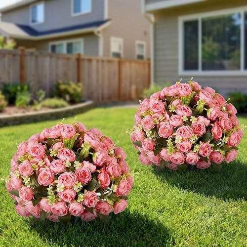 Yunlly 2 Set Spring Artificial Boxwood Topiary Ball Trees with Rose Flowers 19.7'' UV Resistant Faux Greenery Shrubs Bushes with Ground Spike for Indoor Outdoor Front Porch Decor(Dark Pink)
