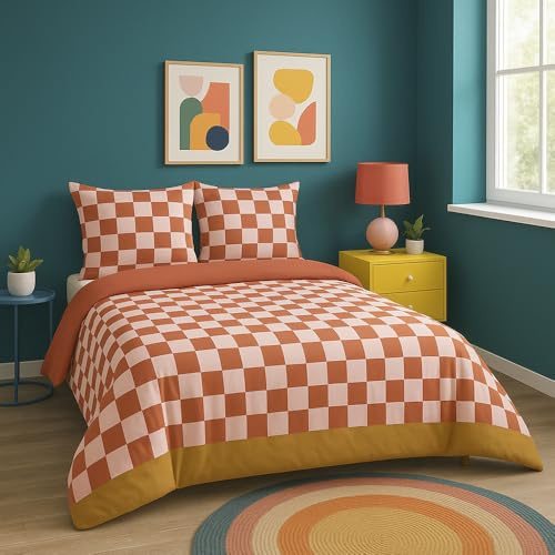 CÔTE DECO Parure de Lit 220x240 Adulte - Housse de Couette 220 x 240 cm + 2 Taies d'oreiller 63x63 cm - Set de Housse de Couette Coton à Carreaux Rouge et Rose