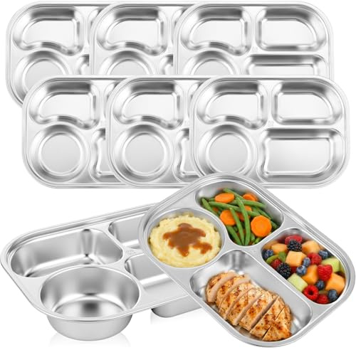 Acellegic 8 Pack Stainless Steel Divided Plates 4 Compartment 304 Meal Trays for Cafeteria Breakfast Lunch Dinner Diet Food Control Camping Office Home Adult