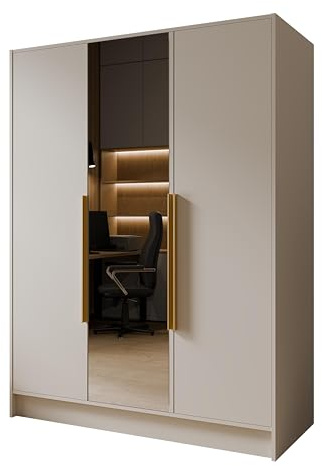 Margaret Hadas24 Drehtürenschrank Goya Kleiderschrank, Spiegel, Griffen, Push-to-Open Tip-ON, großer Stauraum, Regale, Glatte Türen (Kaschmir, goldene Griffe, mit Spiegel, 150 cm)