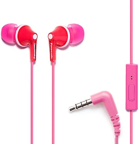 Panasonic ErgoFit Kabelgebundene Ohrhörer, In-Ear-Kopfhörer mit Mikrofon und Anrufsteuerung, ergonomische passgenaue Ohrhörer (S/M/L), 3,5-mm-Klinkenstecker für Handys und Laptops – RP-TCM125-P (Pink)