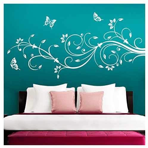 Grandora Wandtattoo XXL Blumenranken Schmetterlinge Blumen I weiß (BxH) 160 x 69 cm I Schlafzimmer Liebe Flur Wohnzimmer modern Aufkleber Wandaufkleber W1073