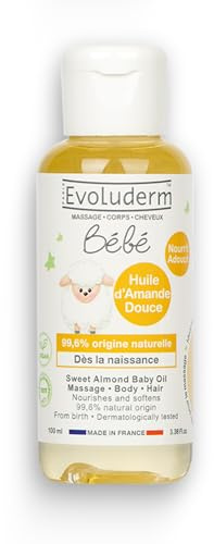 EVOLUDERM - Huile d’Amande Douce Bébé - Nourrit - Adoucit - Protège - 100 ml - 99,6% d'Origine Naturelle - Végan - Fabrication Française