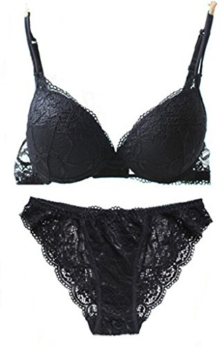 Nanier Damen Sexy Push up BH Set Mit Stickerei Schwarz 75C
