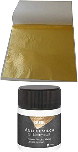 50 Blatt Blattgold Imitation Blattmetall Schlagmetall 13,5 cm x 13,5 cm zum Vergolden & Basteln Kunst Vergoldung Handwerk Dekoration + 1 x Kreul Anlegemilch 50ml