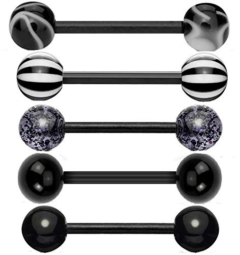 lot 5 Piercing transparent langue noir boule noir paillette style marbre ballon blanc
