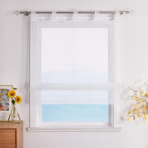ESLIR Raffrollo mit Schlaufen Raffgardinen Gardinen Küche Transparent Schlaufenrollo Vorhänge Modern Voile Weiß BxH 120x155cm 1 Stück