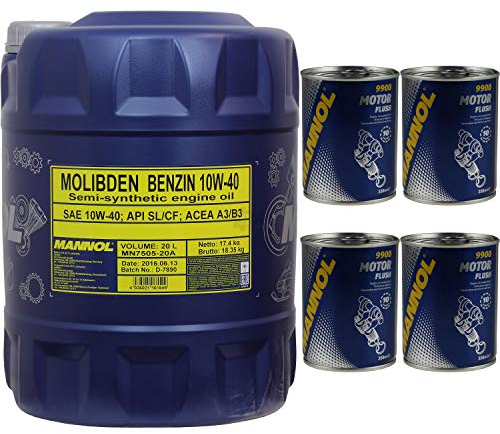 20L MANNOL Motoröl Molibden Benzin 10W-40 API SL/CF Motorspülung Motor Flush