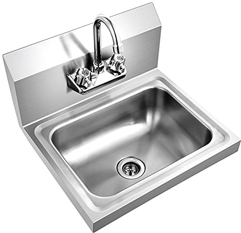 Giantex Stainless Steel Hand Washing Sink, Commercial Sink with Faucet, Strainer, Back Splash, Commercial Wall Mount Hand Basin for Restraunt, Bar, Store, 17 x 15