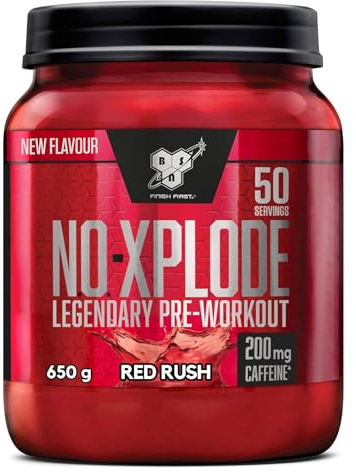 BSN Nutrition N.O.-Xplode Suplemento Alimenticio en Polvo para Preentrenamiento, Apoyo de Energía y Concentración con Cafeína, Aminoácidos, Vitamina C y Zinc, Sabor Fiebre Roja, 650 g