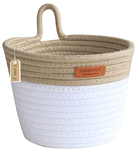 Yiuswoy Hängende Baumwollseilkörbe Kleiner Aufbewahrungskorb Geflochten aus Baumwollseil 8,1 x 6,1 Blumentopf Dekorative Korb mit Khaki Griff