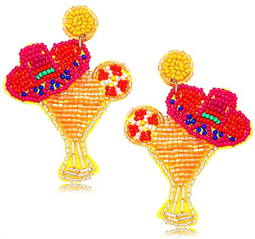 Boderier Beaded Earrings Tropical Drink Cocktail Glass Beaded Drop Earrings Summer Statement Dangle Jewelry, Lead and nickel compliant plated metal, No Gemstone