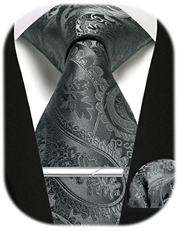 Enlision Herren Dunkelgrau Paisley Krawatte und Einstecktuch mit Krawattenklammer Set Business Hochzeit für Herren Krawatte & Einstecktuch & Krawattennadel Sets,Dunkelgrau