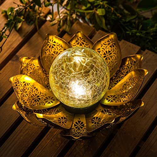 DUSVALLY Lotus Solar Globe LED Light Garden Decoration, Outdoor IP65-Waterproof Crack Glass Solar Flower Lamp Hollow Out Retro Golden Metal Light for Patio, Lawn & Pathway Landscape, 12 W * 6 H