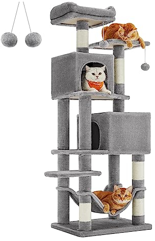 Feandrea Kratzbaum, 155 cm hoch, Katzenbaum mit 5 Kratzsäulen, 2 Plattformen, 2 Katzenhöhlen, Hängematte, 2 Plüschbälle, Plüsch, mehrstöckiges Design, hellgrau PCT192W01