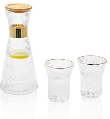 34 oz Bedside Water Carafe Set Vintage Glass with 2 Cups Ribbed Glass Carafe with Lid