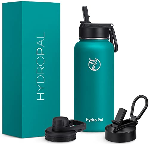 HydroPal Edelstahl Trinkflasche - 750ml, 1L, 1,2L, BPA-Frei, Kohlensäure geeignet, Isolierte flasche mit Strohhalm & 2 Deckel, Auslaufsichere Isolierflasche für Sport (Türkis, 1000 ml)