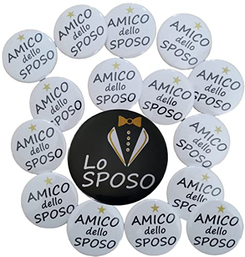Addio al Celibato set 16 Spille, 1 Spilla per lo Sposo da 59mm nera e 15 Spille Amico dello Sposo bianche Festa Matrimonio Nozze