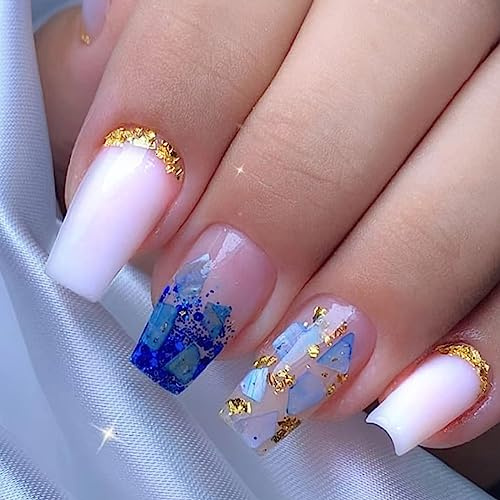 24 Stück Nägel Zum Aufkleben Kurz, Französische Press on Nail Blaue Scherben Falsche Nägel, Ballarina Glossy Fake Nails Glitzer Acryl Künstliche Nägel für Frauen und Mädchen