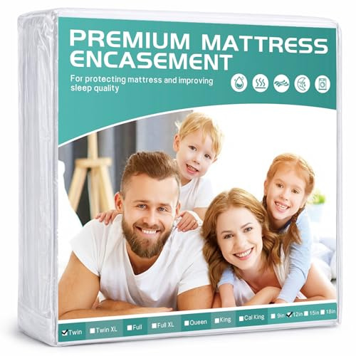39x75 Twin Waterproof Mattress Protector Fits 9-12 Deep, Zippered Mattress Encasement Cover, WINKAURA Premium Washable Terry Top Fabric Mattress Pad Cover