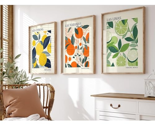 Fruit Market Wall Art Decor Lemon Pictures Botanical Prints Poster Orange Green Canvas Kitchen Artwork for Dining Room 12x16 Inch Unframed Set of 3